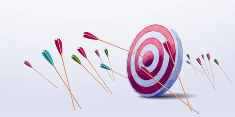 Aufkleber - Polygonal Many arrows missed hitting target mark. Purposefulness and perseverance concept. Shot miss. Multiple failed inaccurate attempts to hit archery target and one arrow straight to the point. 