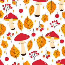 Autumn Seamless Pattern With Fly Agaric, Berries And Leaves On A White Background. Vector Graphics.