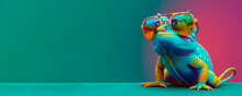 Chameleon Wearing Sunglasses On A Solid Color Background, Vector Art, Digital Art, Faceted, Minimal, Abstract, Panorama Background. Generative AI. 