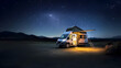 Van car under stars during midnight. Van life