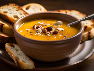 Wall Mural - Homemade Autumn Butternut Squash Soup with Bread. 