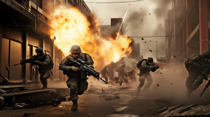 Urban Warfare Intensity: Special Forces Team Takes Cover Amidst Smoke and Debris in a High-Stakes Battle.