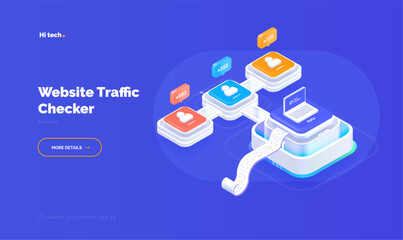 Wall Mural - Website traffic statistics. Traffic tracking system. Attracting new users. User Analytics. Isometric vector illustration 3d style on blue backgroun