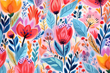 Abstract Hand Drawn Flower Art Seamless Pattern Illustration. Acrylic Paint Nature Floral Background In Vintage Art Style. Spring Season Painting Print