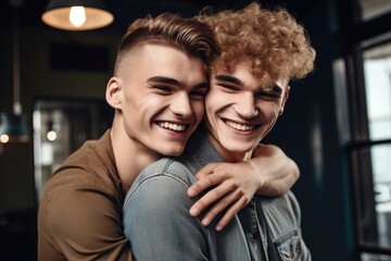 Canvas Print - shot of a happy young man hugging his friend affectionately