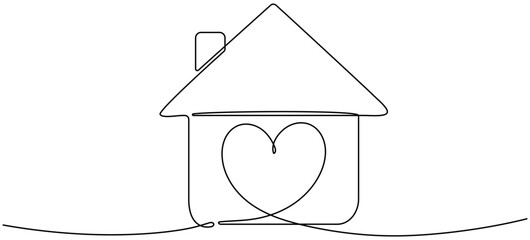 Heart inside house continuous one line drawn. Love home concept. Vector illustration isolated on white.