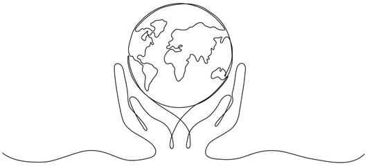 Wall Mural - Human hands holding Earth globe continuous line art drawing. Save of Planet concept. Vector illustration isolated on white.