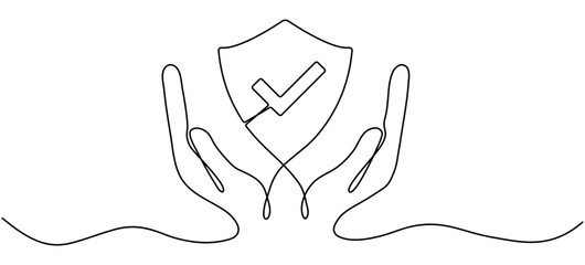 Wall Mural - Hands holding shield badge continuous line drawing. Approval check guard symbol. Vector illustration isolated on white.	