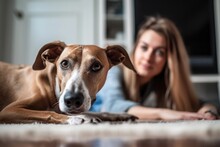 Shot Of A Young Woman And Her Greyhound Lying On The Floor Together At Home