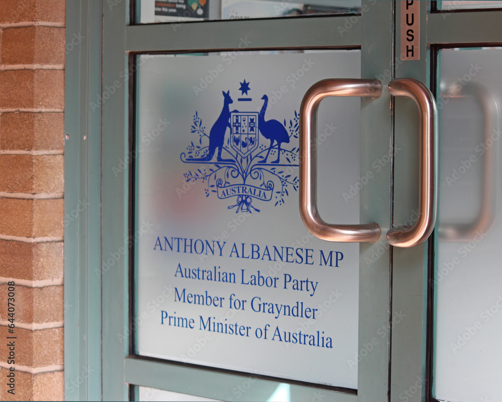 Sydney, NSW Australia - August 19 2023: Signage on prime minister ...