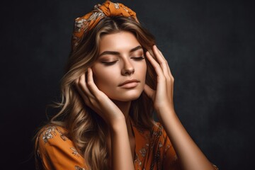 Wall Mural - studio shot of a beautiful young woman posing with her hand on her head