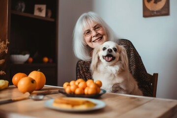 Canvas Print - unknown woman smiling while her dog is sitting at the table with his food