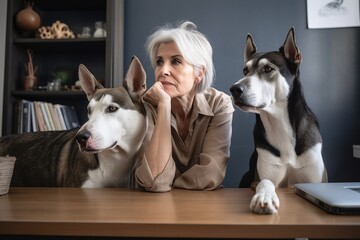 shot of a woman sitting in her office with her two dogs