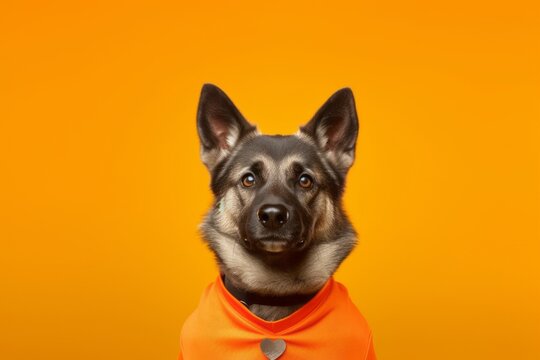 conceptual portrait photography of a cute norwegian elkhound wearing a sports jersey against a brigh
