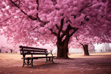 bench under blossom tree on background