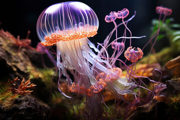 Wall Mural - Dangerous poisonous bright glowing jellyfish on a coral reef