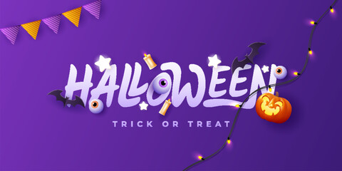 Wall Mural - Spooky Halloween with flat holiday icons on purple background. Pumpkin with a scary expression and other scary elements.Vector illustration.