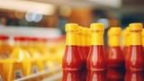 Fototapeta  - Ketchup bottles in a supermarket showcase with blurred background