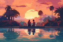Sunset Swimming Pool Travel Relax Honeymoon Vacation Back Couple Romantic. Generative AI.