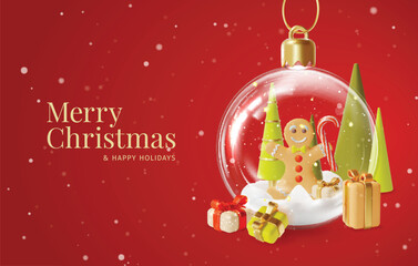 Canvas Print - 3d Merry Christmas and Happy Holidays Placard Poster Banner Card Template with Glass Ball Transparent inside Snow and Gingerbread Man Cartoon Style. Vector illustration