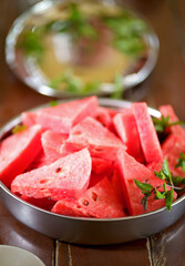 Poster - Close Up Of Sliced Watermelon In The Plate. Food Background. Macro Photography