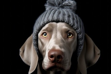 Close-up portrait photography of a funny weimaraner dog wearing a winter hat against a matte black background. With generative AI technology