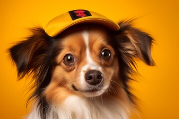 Wall Mural - Headshot portrait photography of a cute papillon dog wearing a cool cap against a bright yellow background. With generative AI technology