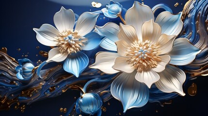 Wall Mural - 3d wallpaper design golden blue flowers