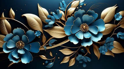 Wall Mural - 3d wallpaper design golden blue flowers