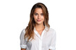 isolated png portrait of natural gentle young woman in unbuttoned white shirt