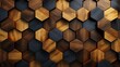 3D Wallpaper in the form of imitation of decorative mosaic of wood colored details and gold decor. High quality seamless realistic texture.
