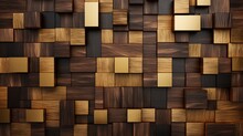 3D Wallpaper In The Form Of Imitation Of Decorative Mosaic Of Wood Colored Details And Gold Decor. High Quality Seamless Realistic Texture.