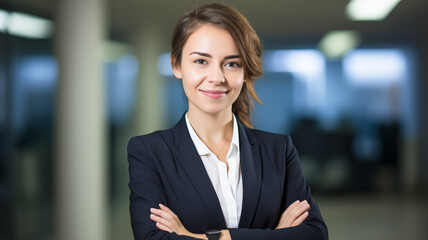 A smiling business woman ceo. Happy young business woman ceo standing in office with arms crossed. 
