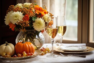 Wall Mural - Thanksgiving day table setting in cafe. Autumn centerpieces with pumpkins, orange flowers . Close up. Generative AI.