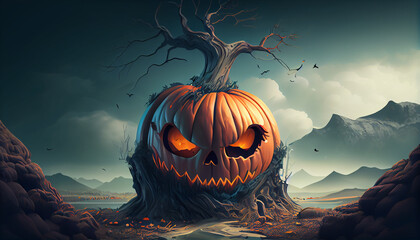 halloween pumpkin in a scary landscape , spookie illustration, Ai generated image