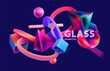 Colorful 3D glass geometric shapes on dark background. Abstract geometric composition.