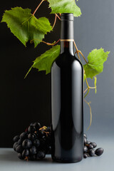 Bottle of red wine with blue grapes and vine branches.