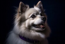 Photography In The Style Of Pensive Portraiture Of A Smiling Keeshond Wearing A Sailor Suit Against A Deep Purple Background. With Generative AI Technology