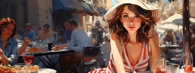 Woman in a sun hat sitting in a Paris cafe