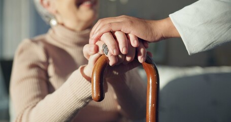 Canvas Print - Support, cane and hands of senior woman with a walking stick for help, support and old age caregiver care for patient. Healthcare, empathy and elderly person in a nursing home for medical health