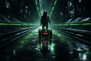 alien commuter riding a hoverboard down a hallway lighted by neon,.