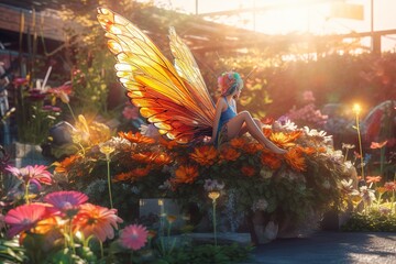 Wall Mural - pixie fairy with wings in a flower garden