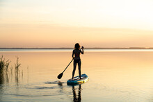 Sports Girl On Board For Glanders Surfing. Young Slender Woman Floats On A Board With A Paddle. Surfing. Summer Fun On The Water. Healthy Lifestyle. Woman Stand Up Paddle Boarding SUP On Calm Water