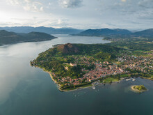 Aerial View Of Angera, A Small Town Along Lago Maggiore (Lake Maggiore) At Sunset, Lombardy, Italy.
