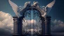 The Gates, Doors To Heaven In The Sky With Angel Wings And Clouds, Ai Generated Image