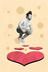 Sticker - Image poster collage of happy joyful man falling love jumping down red heart figure isolated on drawing beige color background