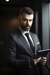 Poster - portrait of a confident successful businessman using his tablet for work with copyspace