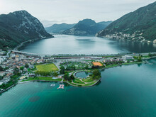 Aerial View Of Melide, A Small Town Along The Lugano Lake At Sunset In Ticino, Switzerland.
