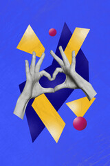 Poster - Picture conceptual collage of arms demonstrate heart shape love country glory ukraine isolated on blue yellow color painted background