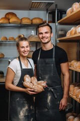 Sticker - a smiling young man and woman standing in their bakery